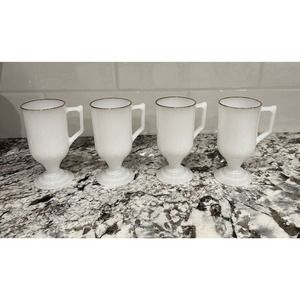 Vintage Hazel Atlas Pedestal Mugs - Lot of 4- White Milk Glass With Gold Rims
